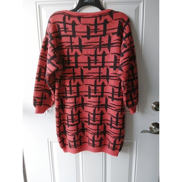Vintage Sweater 80s Red Black Abstract Long Retro Nostalgia Slouchy - Picture 5 of 12